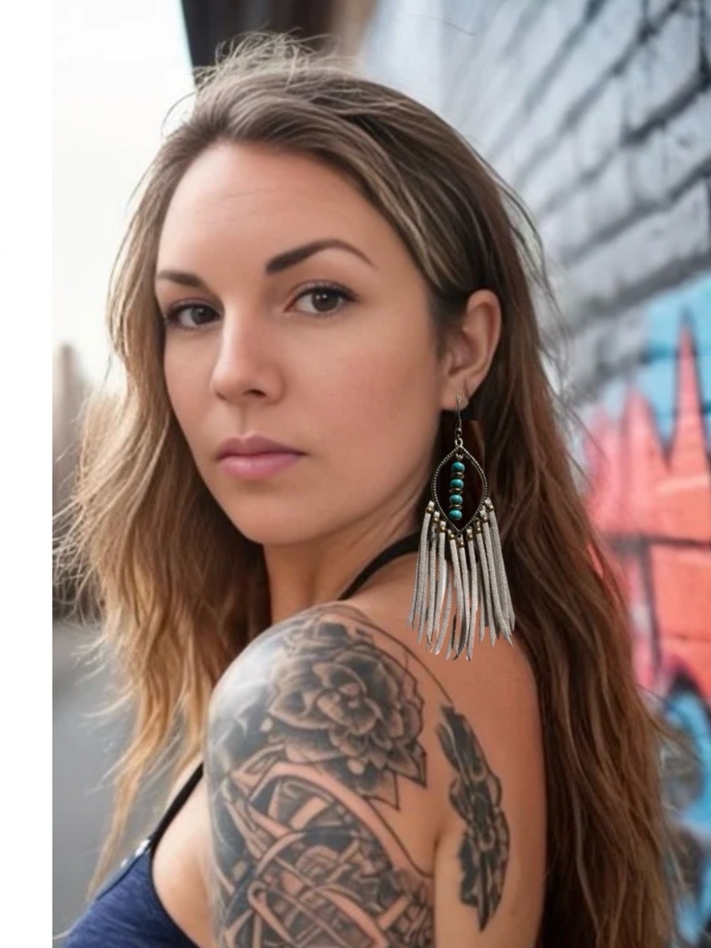 Fringed Teardrop Dangle Earrings with Turquoise Beads - Light Grey